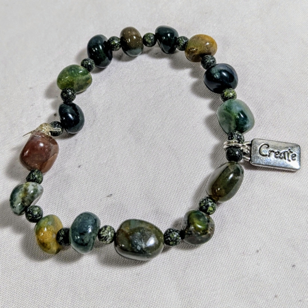 Fancy Jasper & Serpentine with Create Charm Genuine Gemstone Intention Bracelet